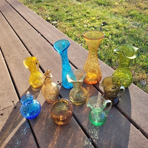 1950s Vintage Hand Blown Crackle Glass Pitchers, Vases and Cups from Blenko & Pilgrim Glass Crackled