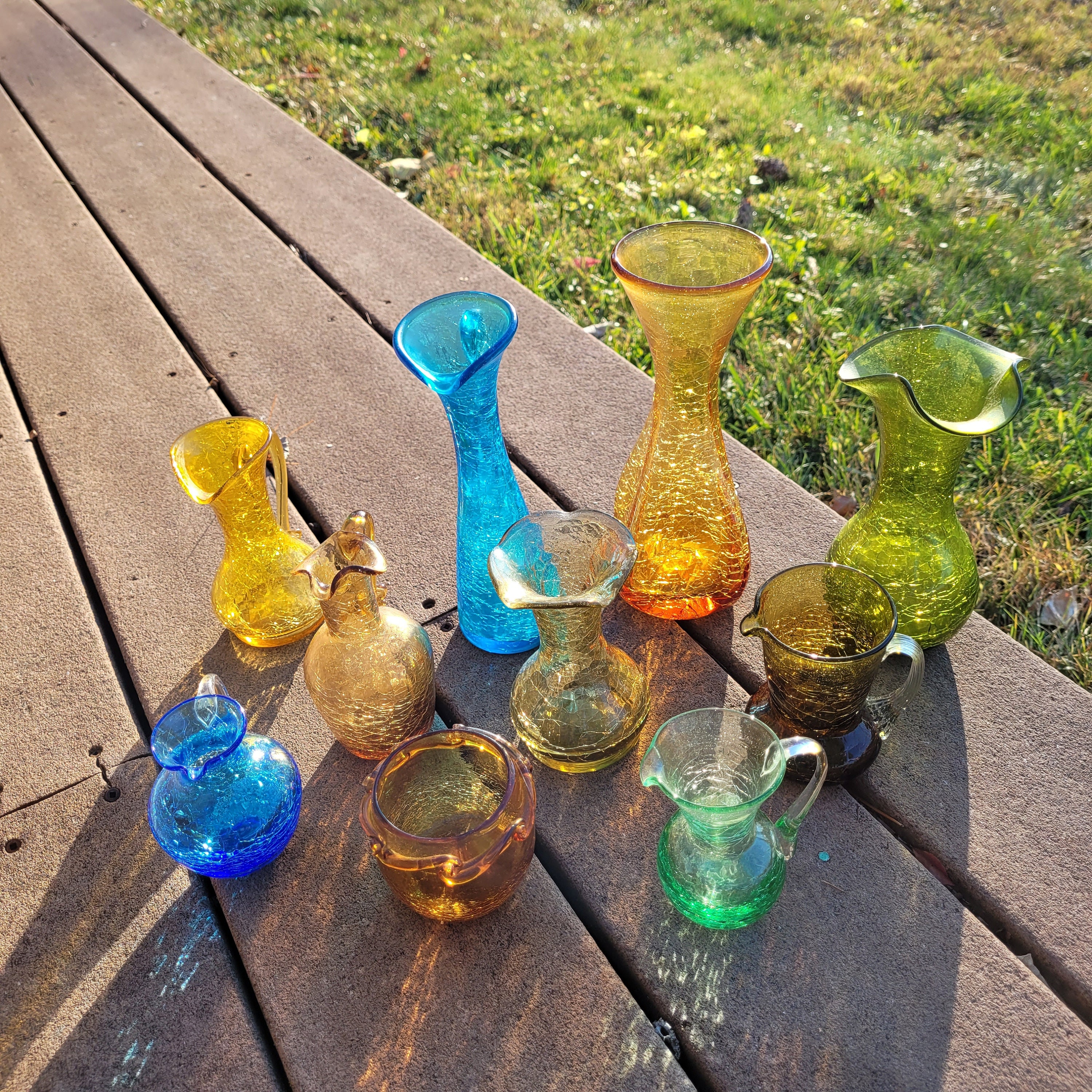 1950s Vintage Hand Blown Crackle Glass Pitchers, Vases and Cups from Blenko & Pilgrim Glass Crackled