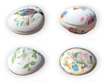 Vintage Porcelain Egg Trinket Boxes by Lenox, Limoges & Lefton. Floral Motif, Easter 1987, Leiothrix Bird