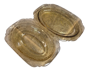 Yellow Depression Glass Serveware Madrid Amber by Federal Glass or Recollection Amber by Indiana Glass, Serving Platter and Vegetable Bowl