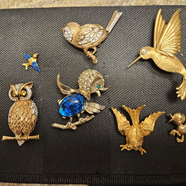 Gold w/ blue, red, clear, and green Vintage Bird Pins. Hummingbird, Owl, Chick, by Panetta, A&S, Krementz, Mamselle