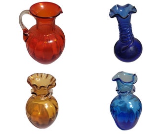 1950s Vintage Hand Blown Glass Pitchers, and Vases from Blenko, Pilgrim Glass, Hebron Glass. Sandwich Glass Miniatures