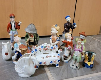 Antique Made In Occupied Japan Figurines 1946-1952 Aristocrat, School girl & boy, duck, swans, couch, Bavarian Boy, Chinese Man Hand Painted