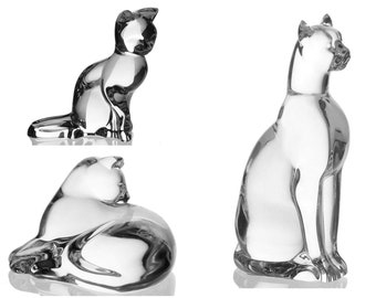Vintage Crystal Animal Cat Figurines from Baccarat;  Egyptian Cat, lounging cat Made in France