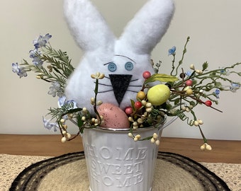 Spring White Easter bunny bucket Blue floral arrangement  with Easter eggs pip berries