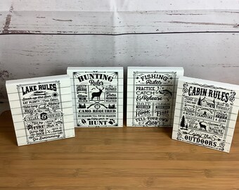 Shelf sitter signs,lake rules,hunting rules,fishing rules,cabin rules,tiered tray decor,housewarming gift,fathers day gift