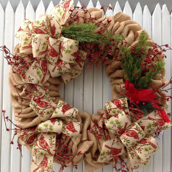 Burlap Christmas Cardinal wreathpinepip berriescountryfarmhousered