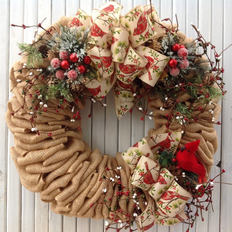 Burlap Christmas Cardinal wreathpinepip berriescountryfarmhousered