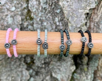 Flower toe ring rings for her women wife friend mom Beaded Stacking Elastic Black Pink Silver Hematite stretchy arthritis Christmas gift