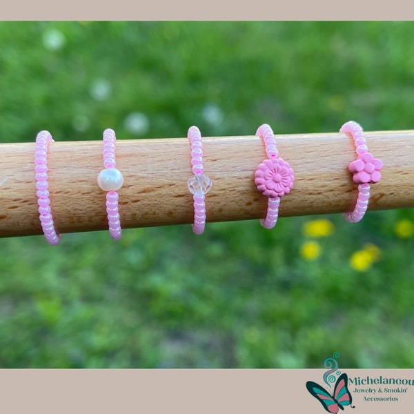 Pink Awareness Month ring breast Cancer rings Nursing mothers toe Birth parents Crystal beaded Flower stackable Pearl knuckle midi gift