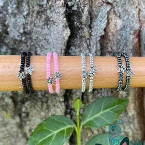 Star toe ring rings for women her Beaded Stacking Elastic Black Pink hematite silver stretchy knuckle midi stackable Christmas gift mom