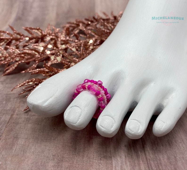 Set of 3 Pink Toe Ring Beaded Elastic Rings Stackable Knuckle Etsy