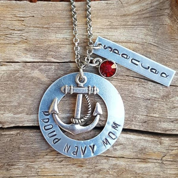 Proud to be a navy mom,wife,or girlfriend necklace. With their name on the tag