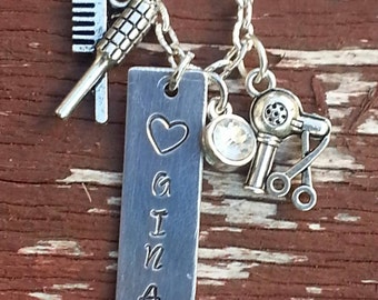 Hairdressers hand-stamped personalized necklace, with blow dryer,scissors, and comb and brush charms