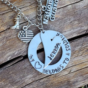 Necklace for you to keep your soldier safe next to your heart. This is a way to add the name of your soldier on a heart in the middle.
