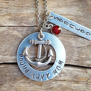 Proud to be a navy mom,wife,or girlfriend necklace. With their name on the tag