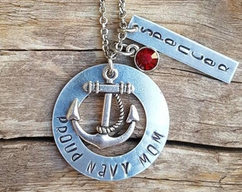 Proud to be a navy mom,wife,or girlfriend necklace. With their name on the tag