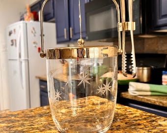 Vintage MCM Atomic Starburst Glass Ice Bucket Gold Tone Handle Tongs 9in Clear
