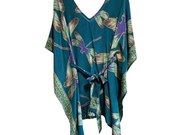 Ramona La Rue Silk Kaftan Size M Teal Dragonfly Print Waist Tie Top