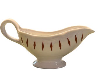 Homer Laughlin Gravy Boat White Brown Diamond MCM Best China Rare