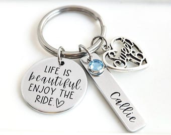 Personalized Life is Beautiful Sweet 16 Keychain | Sixteenth Birthday Gift For Daughter or Granddaughter | New Driver Keyring for Teen Girl