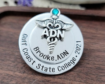 ADN Nurse Pin For Pinning Ceremony | Nurse Graduate Gift | Two Layer Silver Nurse Pins with ADN emblem and Birthstone