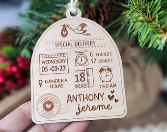 Baby's First Christmas Custom Ornament | Handmade Birth Baby Stats Ornament | Mini Birth Announcement Sign | Gifts For New Mom or Grandma