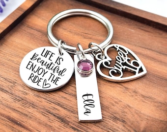 Life Is Beautiful Enjoy The Ride Sweet 16 Keychain | Drive Safe Reminder | Personalized Keychain Girls Sixteenth Birthday | New Driver Gift