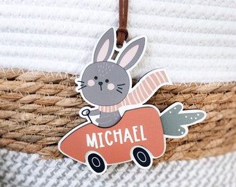 Carrot Car Easter Basket Name Tag with Cute Boho Bunny | Easter Basket Stuffers | First Time Easter Gift or Seasonal Decor in Soft Colors