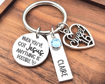 Anything is possible with Jesus | 16th Birthday Personalized Keychain | Sweet Sixteen Gifts for daughter | Christian Keychain