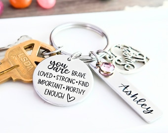 Personalized Sweet Sixteen Keychain For Girls | You are Loved Inspiration Quote Keyring with Name and Birthstone | 16th Birthday Key Holder