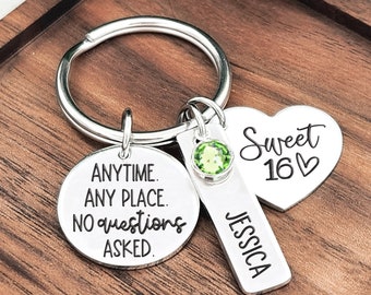 Sweet 16 Gifts For Girls | 16th Birthday Gift for Daughter | Anytime, Any Place, No Questions Asked Personalized Keychain For Teen Drivers