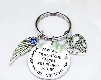 Guardian Angel Sweet 16 Keychain: New Driver Gift with Birthstone