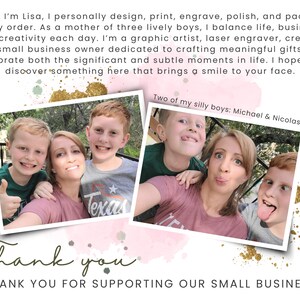 May include: The image features a message from Lisa, a graphic artist and small business owner, with photos of her and her three sons. The text includes a thank you message for supporting the small business.