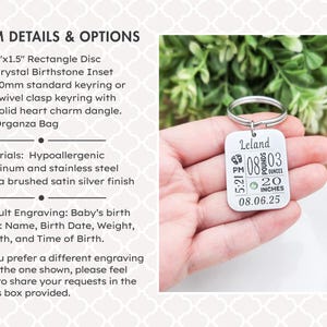 Regalo para mamá primeriza: llavero personalizado con estadísticas del bebé y piedra de nacimiento incrustada. imagen 2