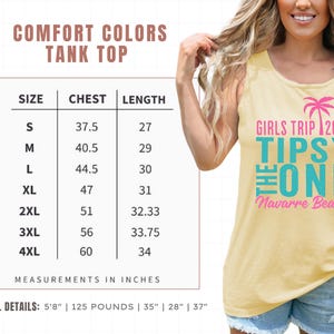 May include: A pale yellow tank top featuring a pink palm tree graphic and text that reads GIRLS TRIP 2025 TIPSY THE ONE Navarre Beach. A size chart is provided with chest and length measurements in inches for sizes S through 4XL, plus model details.