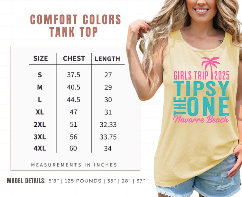 May include: A pale yellow tank top featuring a pink palm tree graphic and text that reads GIRLS TRIP 2025 TIPSY THE ONE Navarre Beach. A size chart is provided with chest and length measurements in inches for sizes S through 4XL, plus model details.