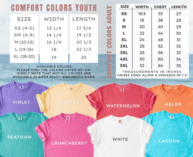 May include: A collection of eight short-sleeved t-shirts in violet, butter, watermelon, melon, seafoam, crunchberry, white, and lagoon colors. The image includes two size charts for youth and adult Comfort Colors shirts with measurements in inches.