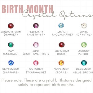 May include: A chart displaying birth month crystal options. Each month is represented by a different gemstone, including garnet, amethyst, aquamarine, crystal, emerald, light amethyst, ruby, peridot, sapphire, tourmaline, topaz, and blue zircon.