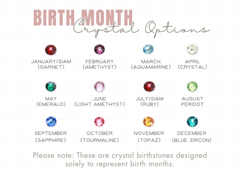 May include: A chart displaying birth month crystal options. Each month is represented by a different gemstone, including garnet, amethyst, aquamarine, crystal, emerald, light amethyst, ruby, peridot, sapphire, tourmaline, topaz, and blue zircon.