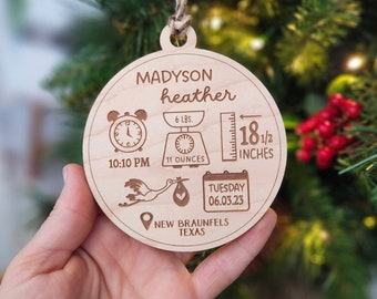 Personalized First Ornament For New Baby | First Time Mom Christmas Gift | Newborn Birth Stats Keepsake | Boho Nursery Room Shelf Decor