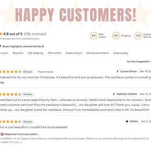 K&ouml;nnte beinhalten: Bild mit Kundenbewertungen, 4,9 von 5 Sternen bei 16.000 Bewertungen. Der Text "HAPPY CUSTOMERS!" steht oben. K&auml;ufer-Highlights sind "Love it", "Beautiful" und "Fast shipping".