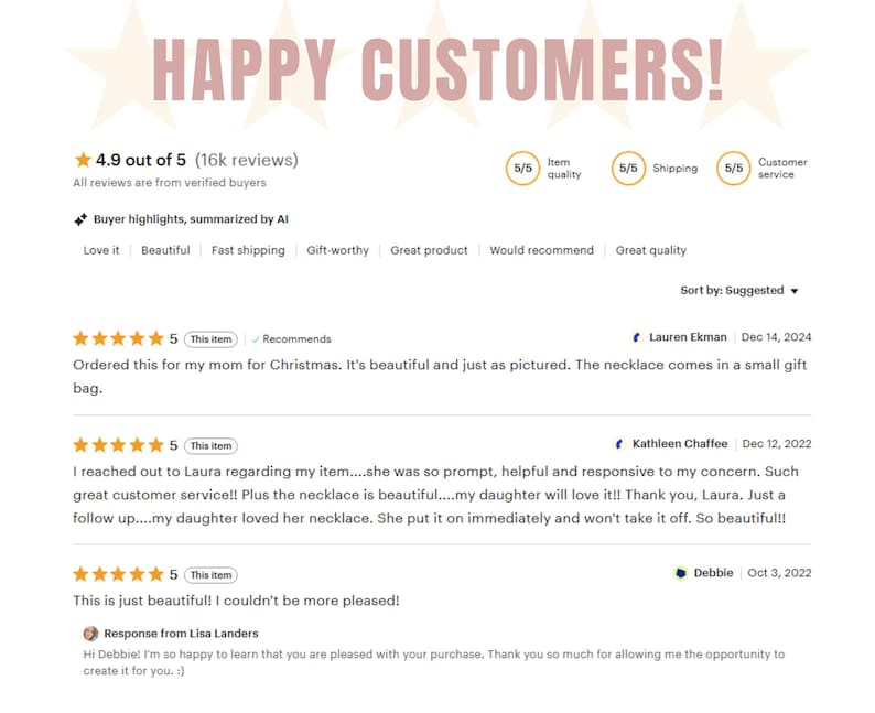 K&ouml;nnte beinhalten: Bild mit Kundenbewertungen, 4,9 von 5 Sternen bei 16.000 Bewertungen. Der Text "HAPPY CUSTOMERS!" steht oben. K&auml;ufer-Highlights sind "Love it", "Beautiful" und "Fast shipping".
