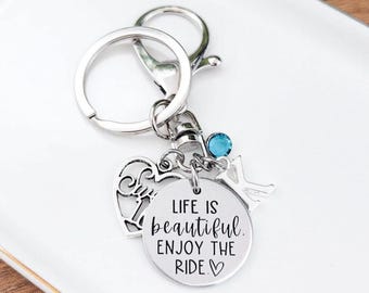 Personalized Sweet 16 Keychain Gift With Custom Engraved Quote Disc, Birthstone and Initial Charm