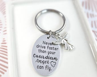 Never Drive Faster Guardian Angel Keychain | New Driver Keychain | Sweet 16 Gift | Drive Safe Keychain | Teen Driver | 16th Birthday Gift