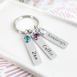 Personalized Name Keychain With Birthstones | Gift For Mom Or Grandmother | Custom Engraved Name Plate Keyring | Mother's Day Car Accessory