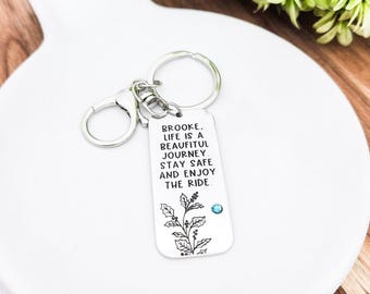 Personalized Message Keychain | Birth Flower Custom Quote Engraved Keychain | Gift for 16th Birthday or Graduation | Best Friend Gift Idea