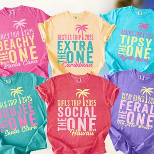 May include: Six short-sleeved crew neck t-shirts in pink, yellow, light blue, teal, coral, and purple. Each shirt features a palm tree graphic, the year 2025, and text including phrases like Beachy The One, Extra The One, Tipsy The One, and Feral The One.