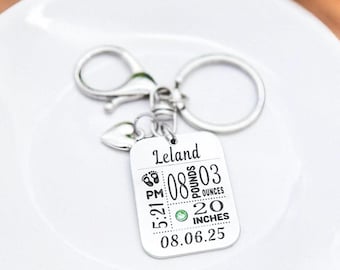 New Mom Push Present Gift, Personalized Baby Stats Keychain with Embedded Birthstone