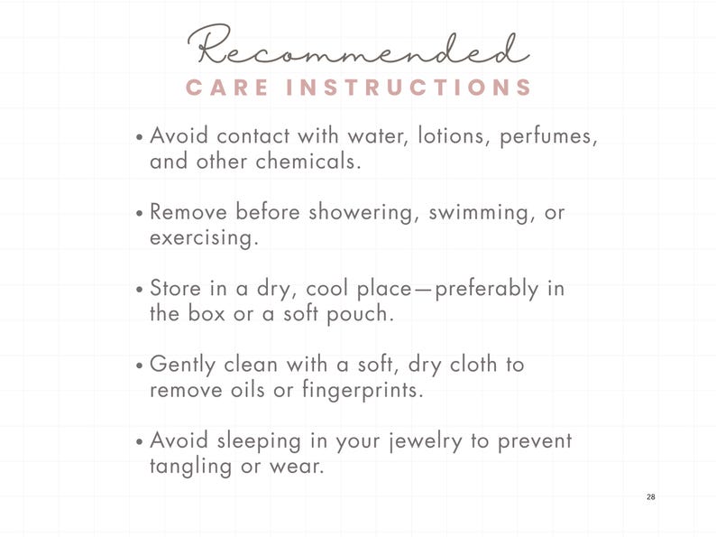 May include: A white background with the text "Recommended CARE INSTRUCTIONS" in a script font. Bullet points detail care advice: avoid contact with chemicals, remove before showering, store in a dry place, clean with a soft cloth, and avoid sleeping in jewelry.